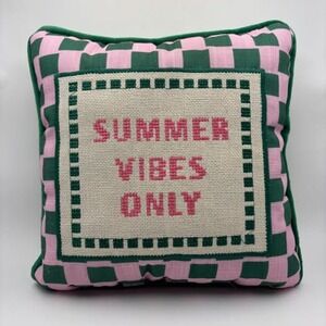 Pillow Summer Vibes Only pink green check embroidery velvet backing